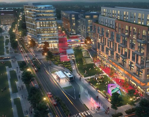 Rendering of bustling nighttime transit and power at River District