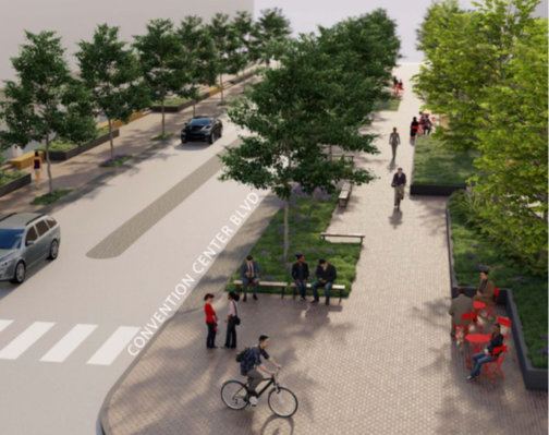 Rendering of bicycle and street traffic at the River District