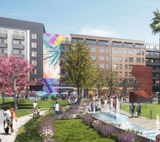 Artistic daytime rendering of River District and green space