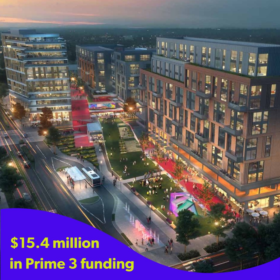 Cityscape rendering of the RDNI development with text "$15.4 million in Prime 3 funding"