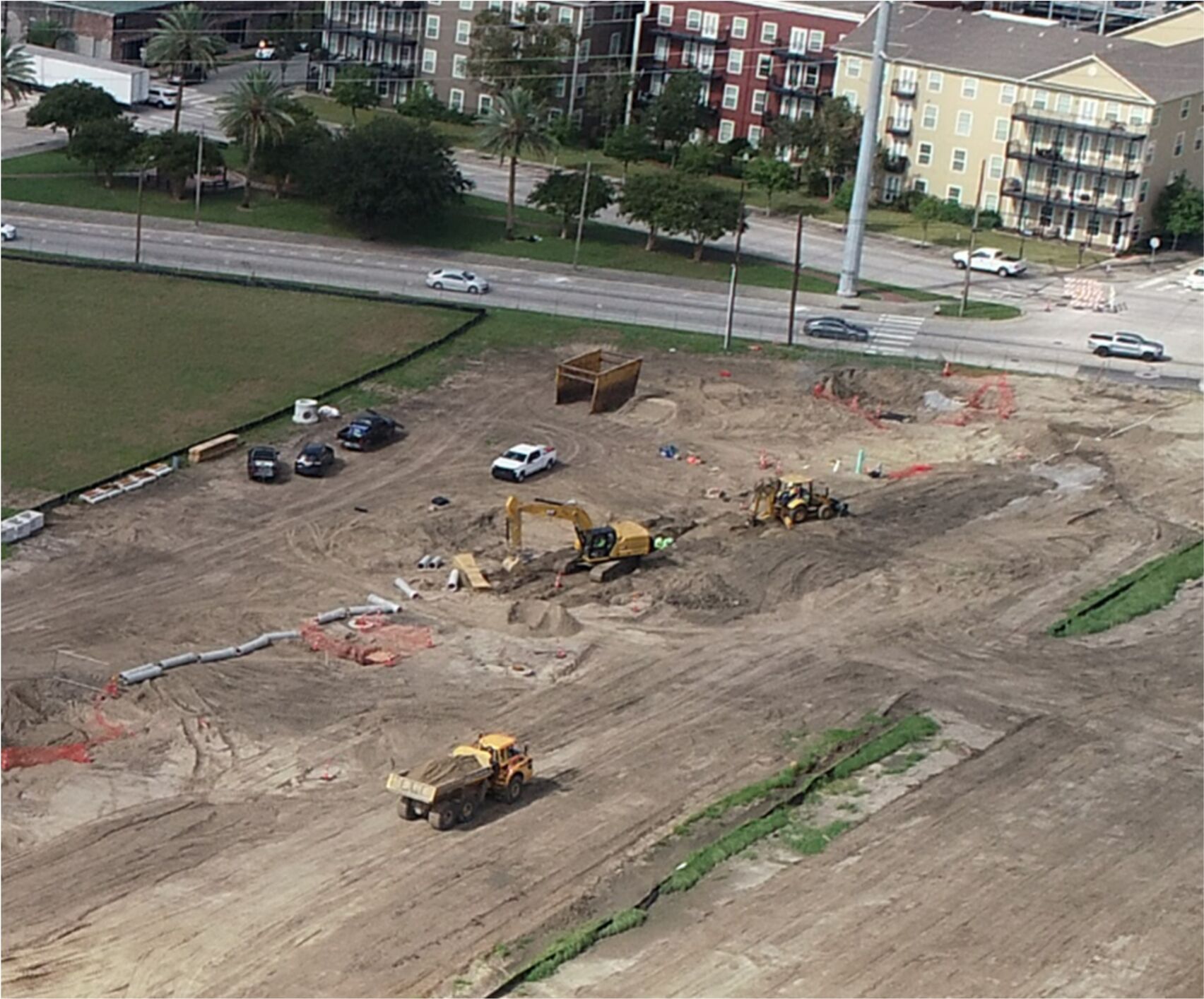 Drone image of construction at the River District site