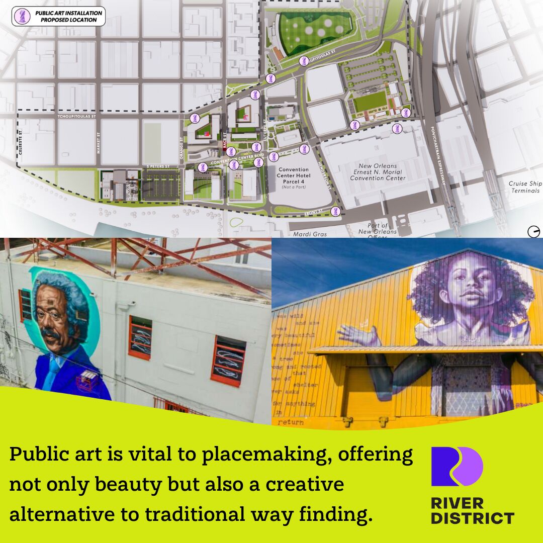 Map of public art hotspots with collage of local murals and text "public art is vital to placemaking, offering not only beauty but also a creative alternative to traditional way finding", and River Di