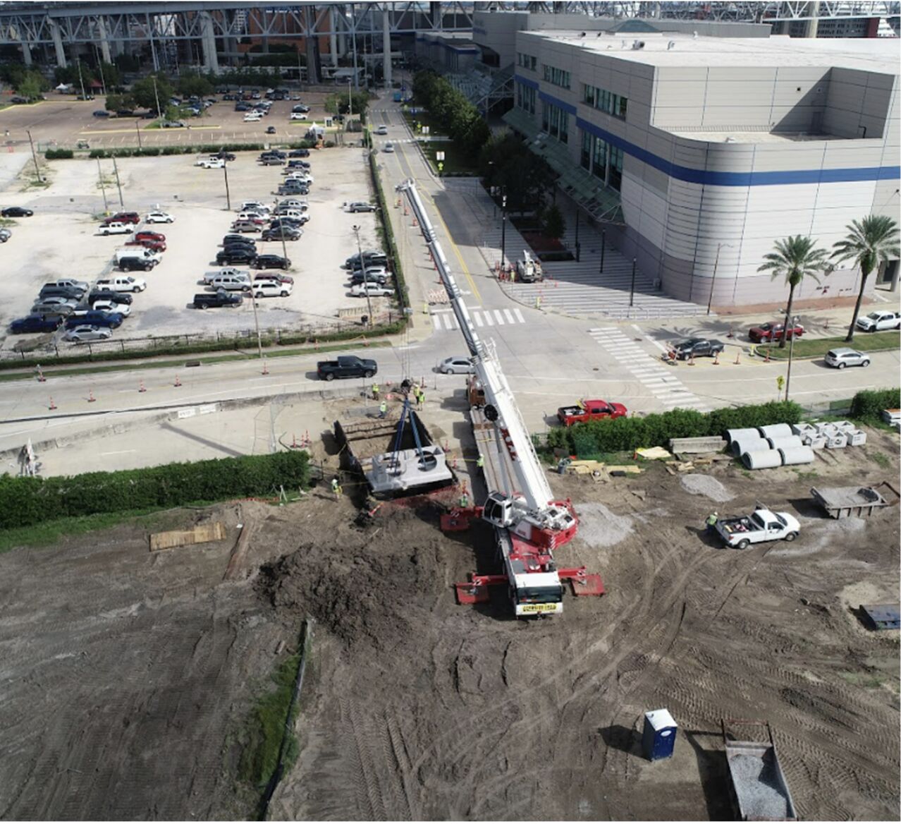 Drone image of construction at the River District site